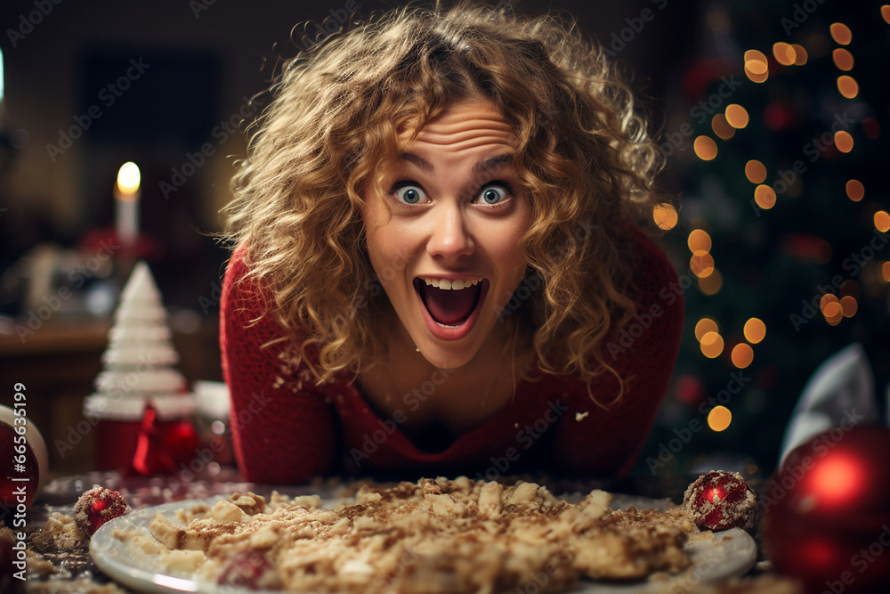 Suprised woman with strong expression next to an empty cake plate. Funny Christmas marketing campaign or wallpaper background.