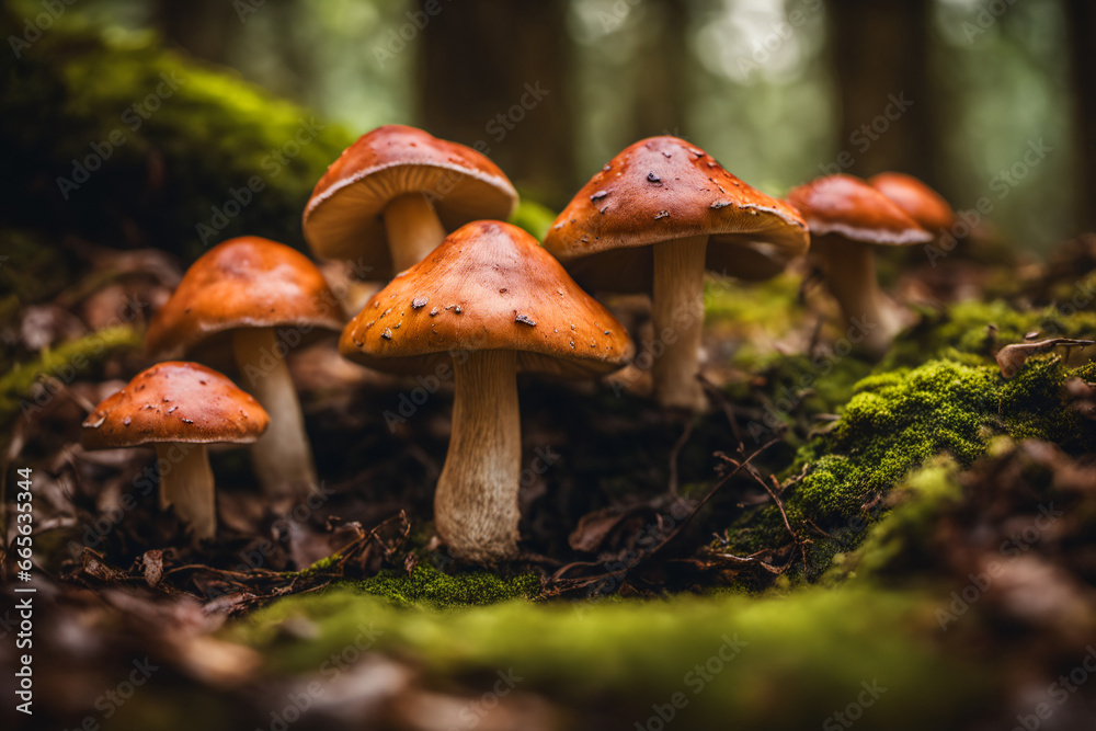 Fototapeta premium Orange Mushrooms Emerge in Abundance in a mossy forest