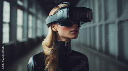 Young woman immersed in a futuristic VR headset experience. A glimpse into the VR technology of tomorrow.