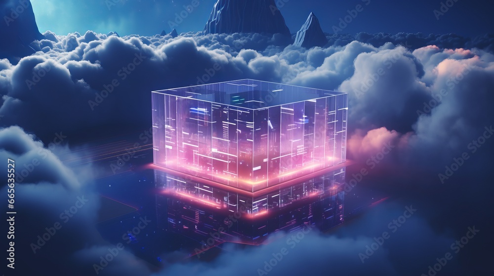 Server rack bathed in soft pink glow amidst clouds symbolizing cloud servers, dedicated servers and shared CPU for virtual private server, secure and reliable cloud based computing service - obrazy, fototapety, plakaty 