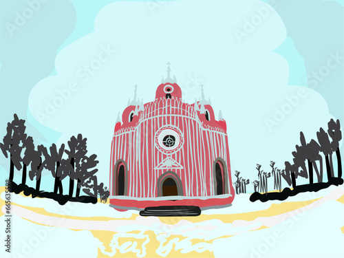 line art drawing of pink church photo