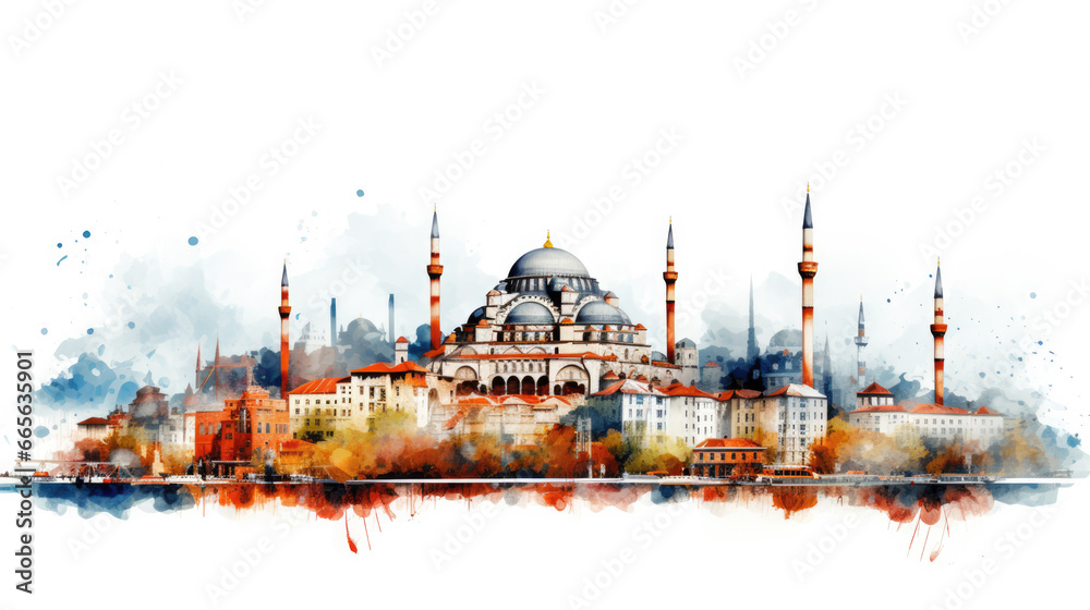 Obraz premium Illustration capturing the essence of Istanbul's iconic skyline and culture, blending tradition and modernity in vibrant colors
