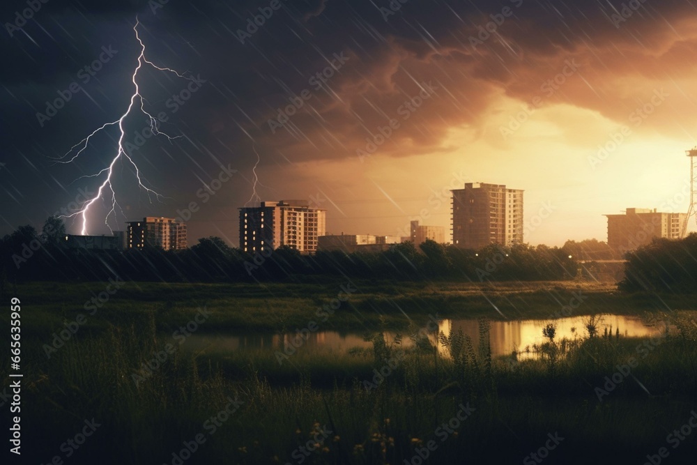 vibrant lightning in the meadow, storm and lightning in the urban area. Generative AI