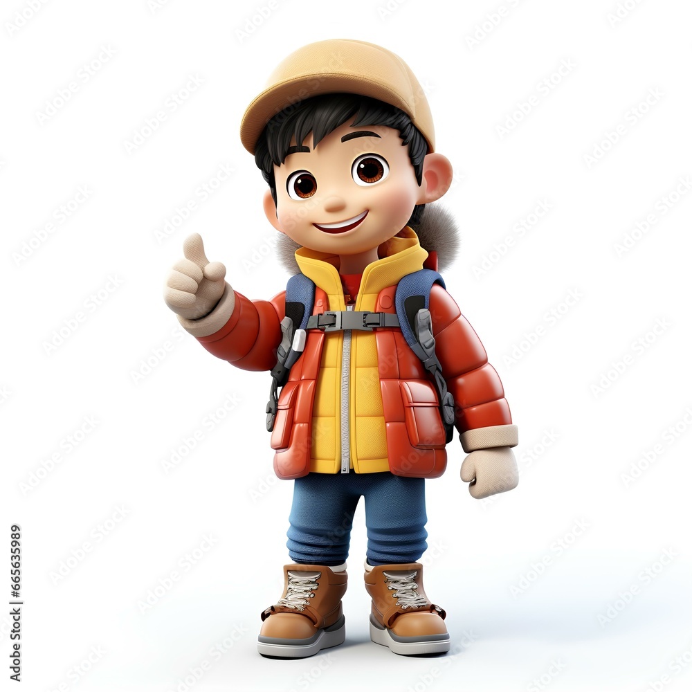 Happy asian boy in Colorful winter Clothes. showing forefinger up. sweet smile, cheerful and playful, exaggerated facial expression, kawaii cartoon 3D render style, isolated on solid white background. Happy asian boy in Colorful winter Clothes. showing forefinger up. sweet smile, cheerful and playful, exaggerated facial expression, kawaii cartoon 3D render style, isolated on solid white background.