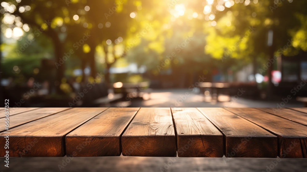 Empty wooden table surface closeup, blur cafe bar restaurant or retail shop interior background, bokeh lights. Empty wooden table surface closeup, blur cafe bar restaurant or retail shop interior background, bokeh lights.