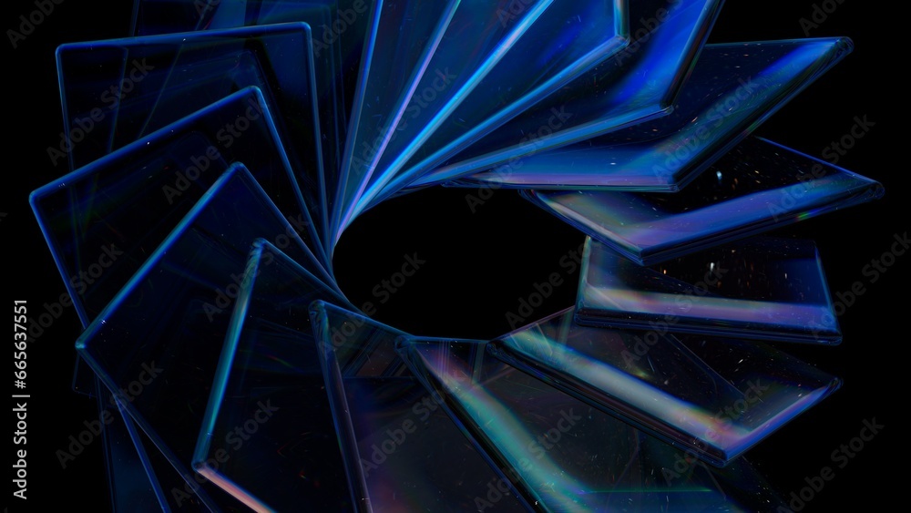 Futuristic glass shapes backdrop. Abstract 3D illustration with glowing elements