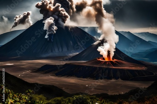 The natural force of a volcano, with a shot of a remote village against the backdrop of an active volcano's smoking crater © Shahryar