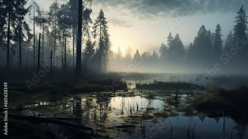 misty morning in forest swamp Generative AI
