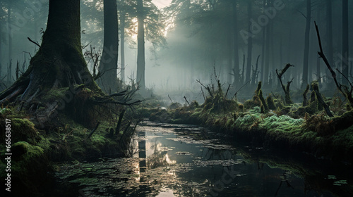 misty morning in forest swamp Generative AI photo