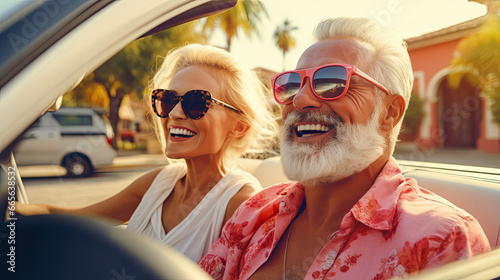 Happy bearded senior man with wife enjoying summer road trip in Italy