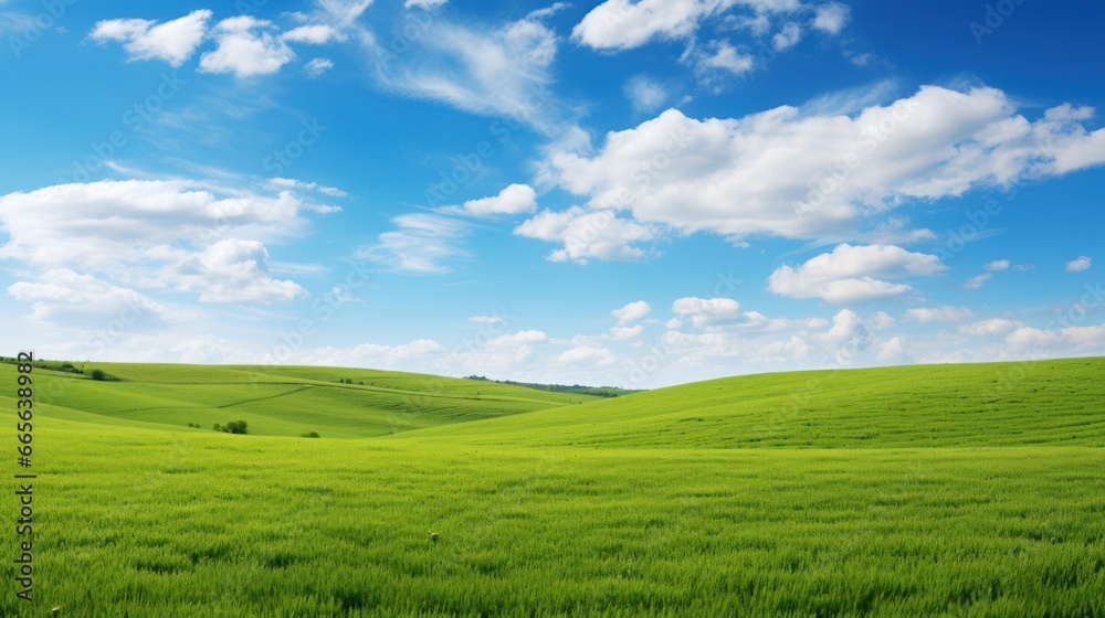 Vast expanse of green stretches out, kissed by the sun, epitomizing the tranquility of nature on a sunny day Vast expanse of green stretches out, kissed by the sun, epitomizing the tranquility of nature on a sunny day
