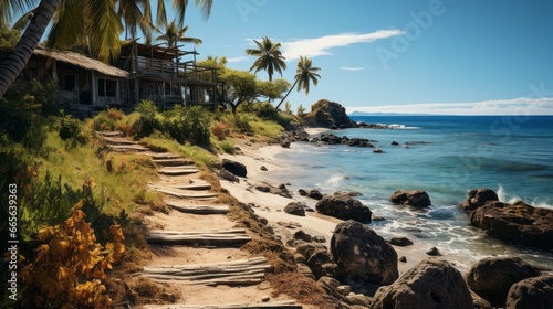 Immerse yourself in the untamed beauty of a caribbean coast, where palm trees sway against a backdrop of clear skies and crashing waves, while a lone building stands tall among wild landscape of sand