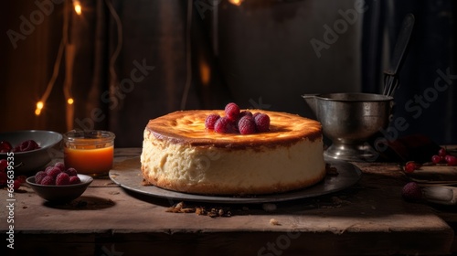 Delicious cheese cakes with fresh butter and eggs Cheesecake: New York-style classical cheesecake on a black background A slice of tasty cake on wooden table