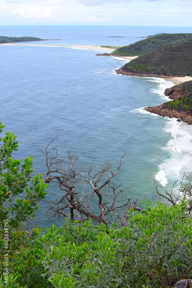 A sweeping view over Zenith Beach and Shoal Bay from the Tomaree Mountain Lookout - Shoal Bay, NSW, Australia. March 2021. This was during the Covid 19 pandemic. 