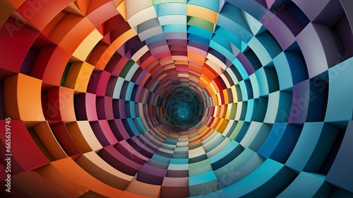 An abstract spiral of vibrant squares transports the viewer through a symmetrical tunnel of color and artistic expression