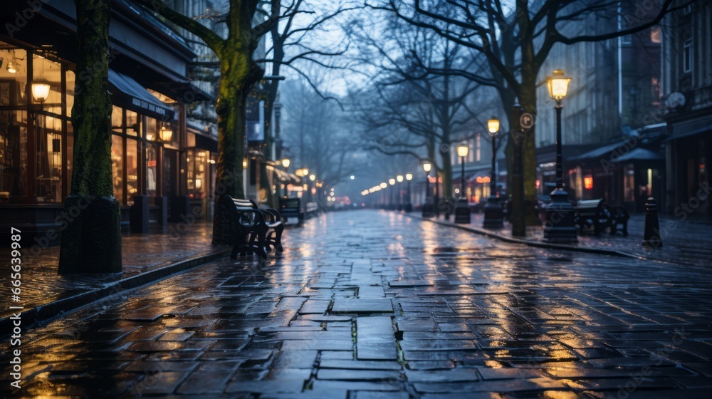 Amidst the winter rain, the city street glistens with light, beckoning to those seeking shelter under the sheltering trees and benches that line the way