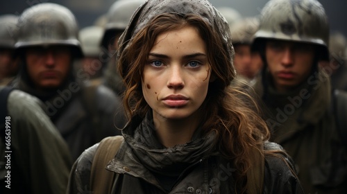 A lone figure, draped in a weathered raincoat, stands defiantly amidst a sea of uniformed soldiers, her headgear a stark contrast to the chaos and danger of the outdoor battlefield