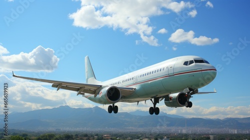 Amidst a canvas of endless sky and majestic mountains, a sleek twinjet takes flight, its flaps gently kissing the clouds as it transports its passengers towards their destination