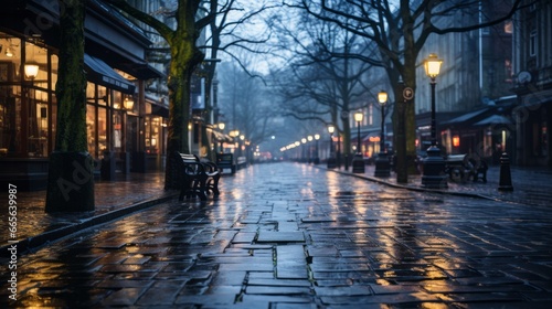 Amidst the winter rain, the city street glistens with light, beckoning to those seeking shelter under the sheltering trees and benches that line the way