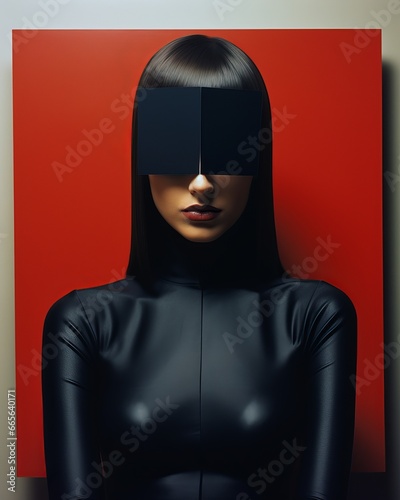 Obraz na płótnie A stylish woman donning a sleek black ensemble, her eyes hidden behind a mysterious square, stands confidently against a plain wall in an indoor setting w salonie