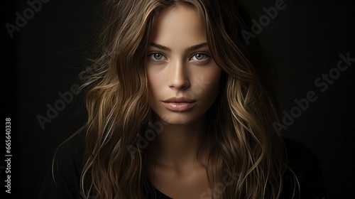 A striking lady with flowing locks and captivating eyes exudes elegance and grace in her fashion-forward portrait, adorned with bold lipstick and defined eyebrows