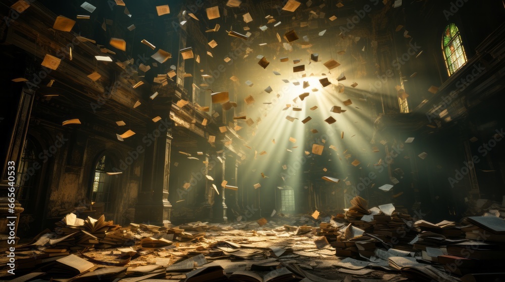 Obraz premium A mesmerizing image captures the chaotic beauty of a room filled with books, illuminated by cascading beams of light as they seem to dance in mid-air
