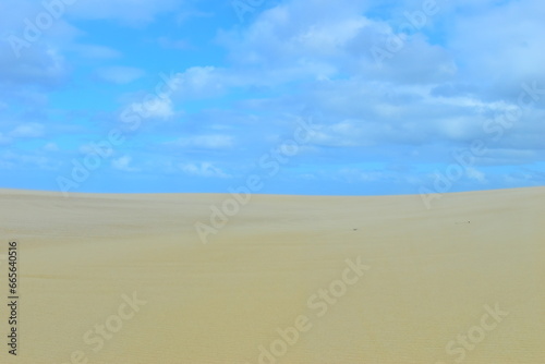 A big bright yellow sand dune on the background of bright cloudy sky. Something like a hieroglyph on the surface. Stockton Sand Dunes near the coast, Worimi Regional Park, Anna Bay, Australia. 