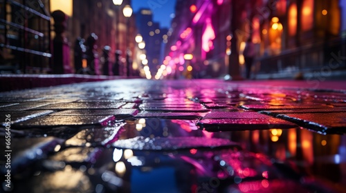 A luminous metropolis reflected in the slick streets, where the city's skyscrapers pierce the dark sky and the shimmering lights dance on the wet pavement