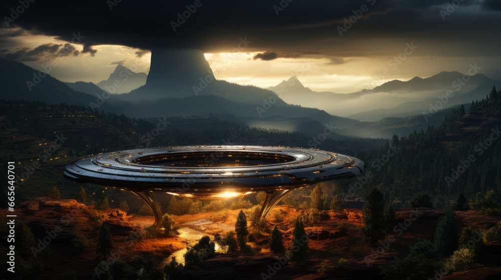 Amidst the majestic mountains and fiery sunset, a lone spaceship pierces through the clouds, a daring contrast of technology and nature in the wild night sky - obrazy, fototapety, plakaty 