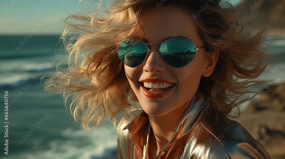 A cool girl embraces the sunny beach, her fashion statement complete with sunglasses and a smile, exuding confidence and carefree vibes while sporting her stylish eyewear A cool girl embraces the sunny beach, her fashion statement complete with sunglasses and a smile, exuding confidence and carefree vibes while sporting her stylish eyewear