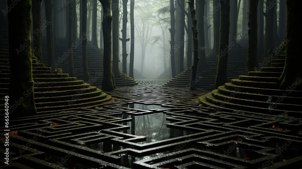 A foggy maze of twisted trees nestled in the heart of a dense forest landscape, surrounded by the untamed beauty of the wood - obrazy, fototapety, plakaty 
