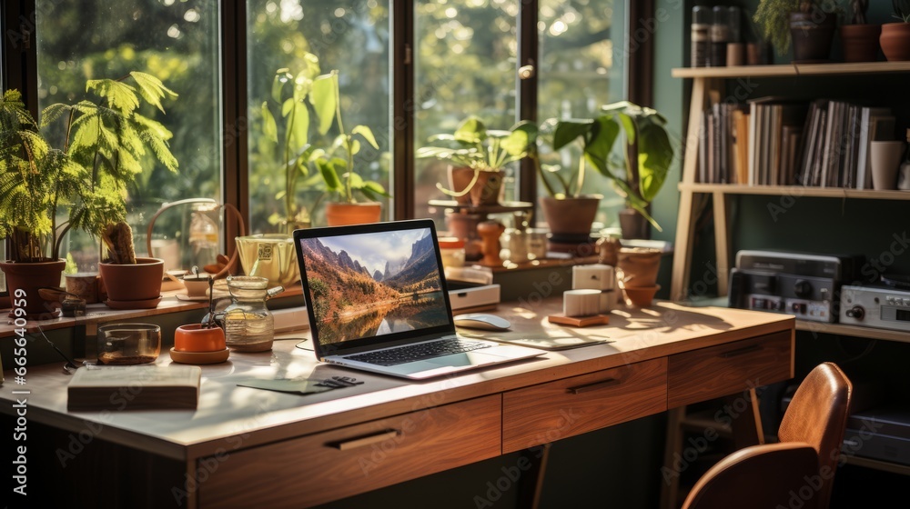 Amidst a sea of organized chaos, a solitary laptop perches atop a sleek desk, surrounded by a jungle of furniture and overlooked by a sunlit window, beckoning for productivity to ensue