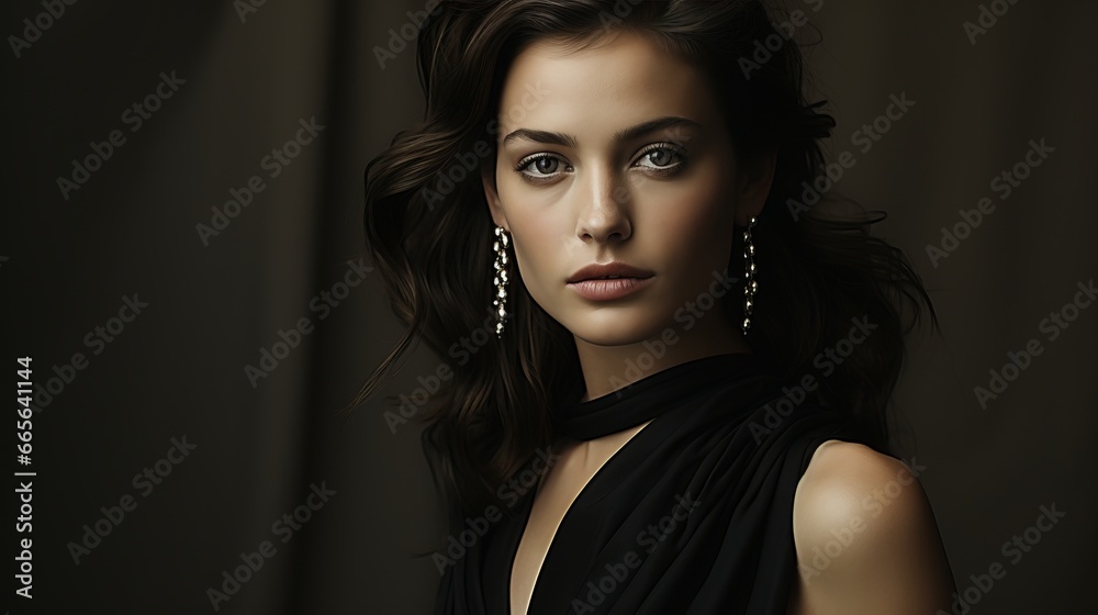 A fierce and elegant lady with a bold lip and flawless skin, dressed in a black dress, gazes confidently at the camera against a dark wall, exuding power and high fashion vibes A fierce and elegant lady with a bold lip and flawless skin, dressed in a black dress, gazes confidently at the camera against a dark wall, exuding power and high fashion vibes