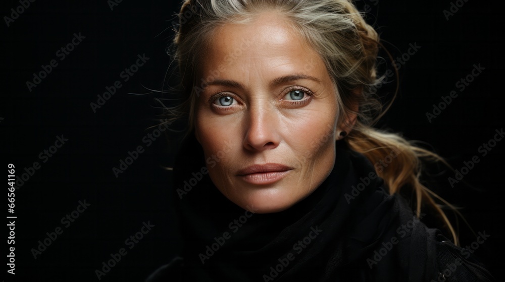 A captivating portrait of a girl with striking blonde hair and piercing blue eyes, her smooth skin highlighted by dark eyebrows and a luscious lip, framed by long eyelashes
