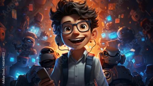 A bespectacled boy with a backpack ventures into an animated world, clad in vibrant clothing and embodying the essence of adventure and imagination
