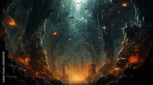 A breathtaking image captures the vibrant colors and untamed energy of a nature-filled underwater cave, teeming with fish and surrounded by shimmering water © Envision