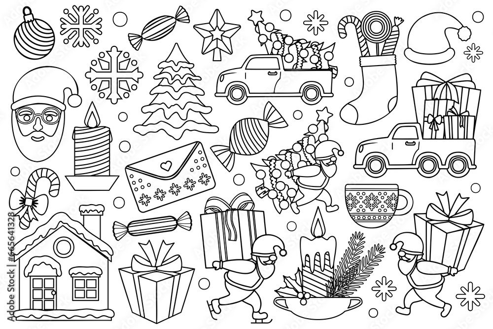 Line art Christmas illustration set. Collection of New Year and Christmas contour drawings. Cartoon doodle illustrations with outline cartoon illustrations. - obrazy, fototapety, plakaty 