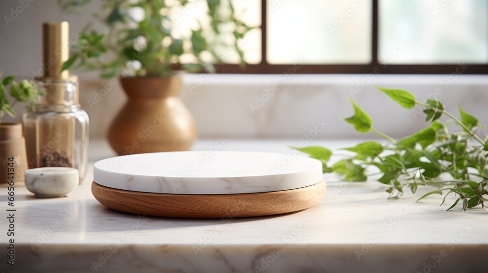 Round wooden board sits empty on a white stone kitchen countertop Round wooden board sits empty on a white stone kitchen countertop