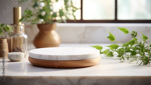 Round wooden board sits empty on a white stone kitchen countertop