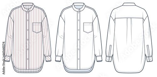 Classic Shirt technical fashion Illustration, striped design. Button up Shirt fashion flat technical drawing template, band collar, oversize, front, back view, white, women, men, unisex CAD mockup set