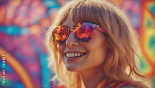 Portrait of a happy fair-haired woman in sunglasses Colourful psychedelic 1980s ai generative