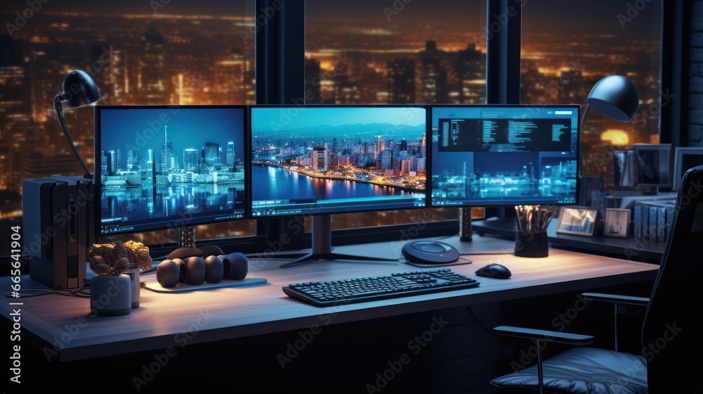 Modern workstation is set with multiple screens - obrazy, fototapety, plakaty 