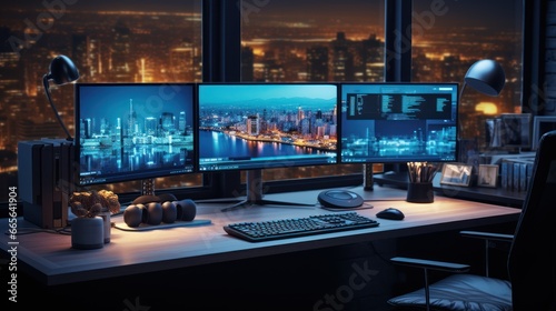 Modern workstation is set with multiple screens