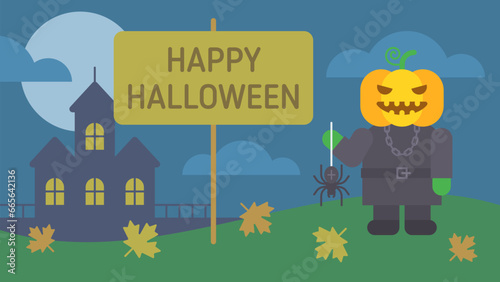 Happy Halloween composition pumpkin holding spider on web and smiles