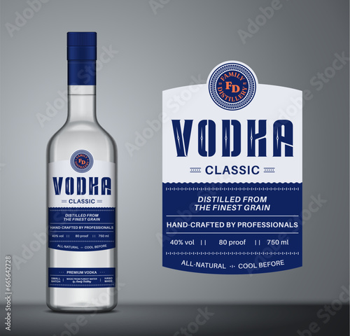 Vector blue and grey vodka label template. Vodka glass bottle mockup. Distilling business branding and identity design elements