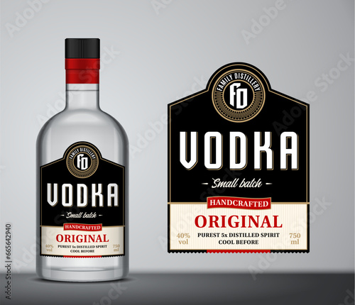 Vector black and red vodka label. Vodka glass bottle mockup with label