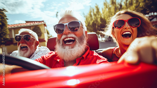 Happy bearded senior man with wife enjoying summer road trip in Italy