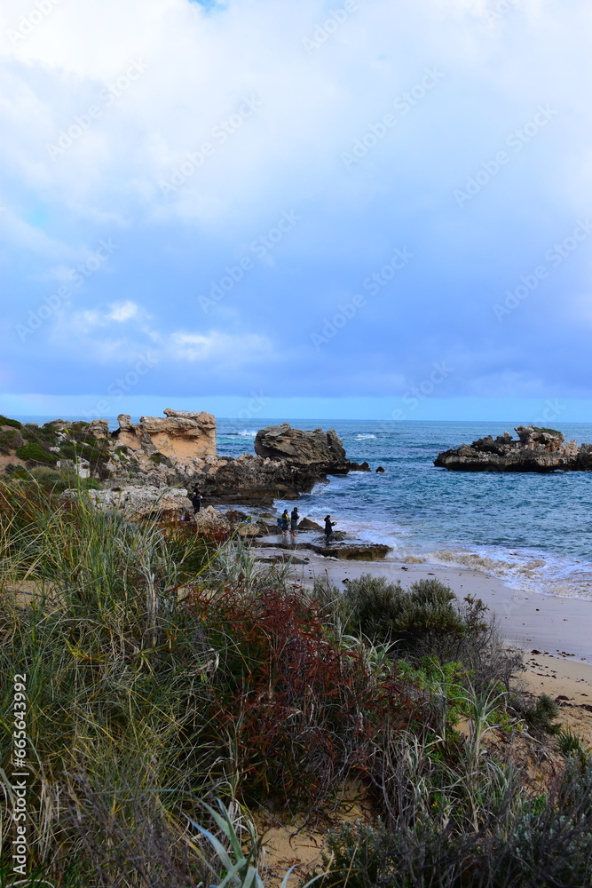 Rocky limestone formations on the coast and beaches of Point Peron Rockingham Western Australia. September 2022.