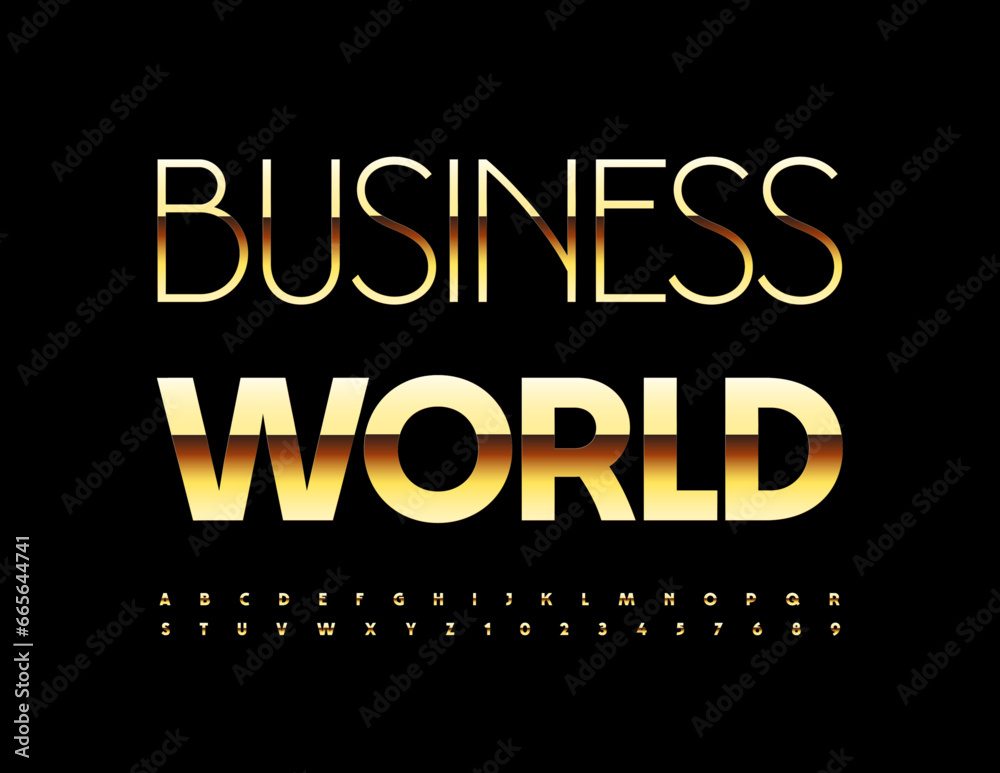 Vector premium sign Business World. Modern Gold Font. Elite Alphabet Letters and Numbers set