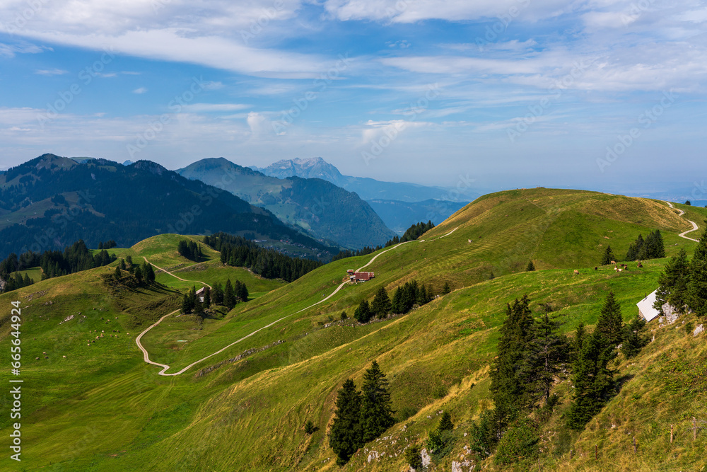 Panoramic view of Swiss mountains and Lake Lucerne.